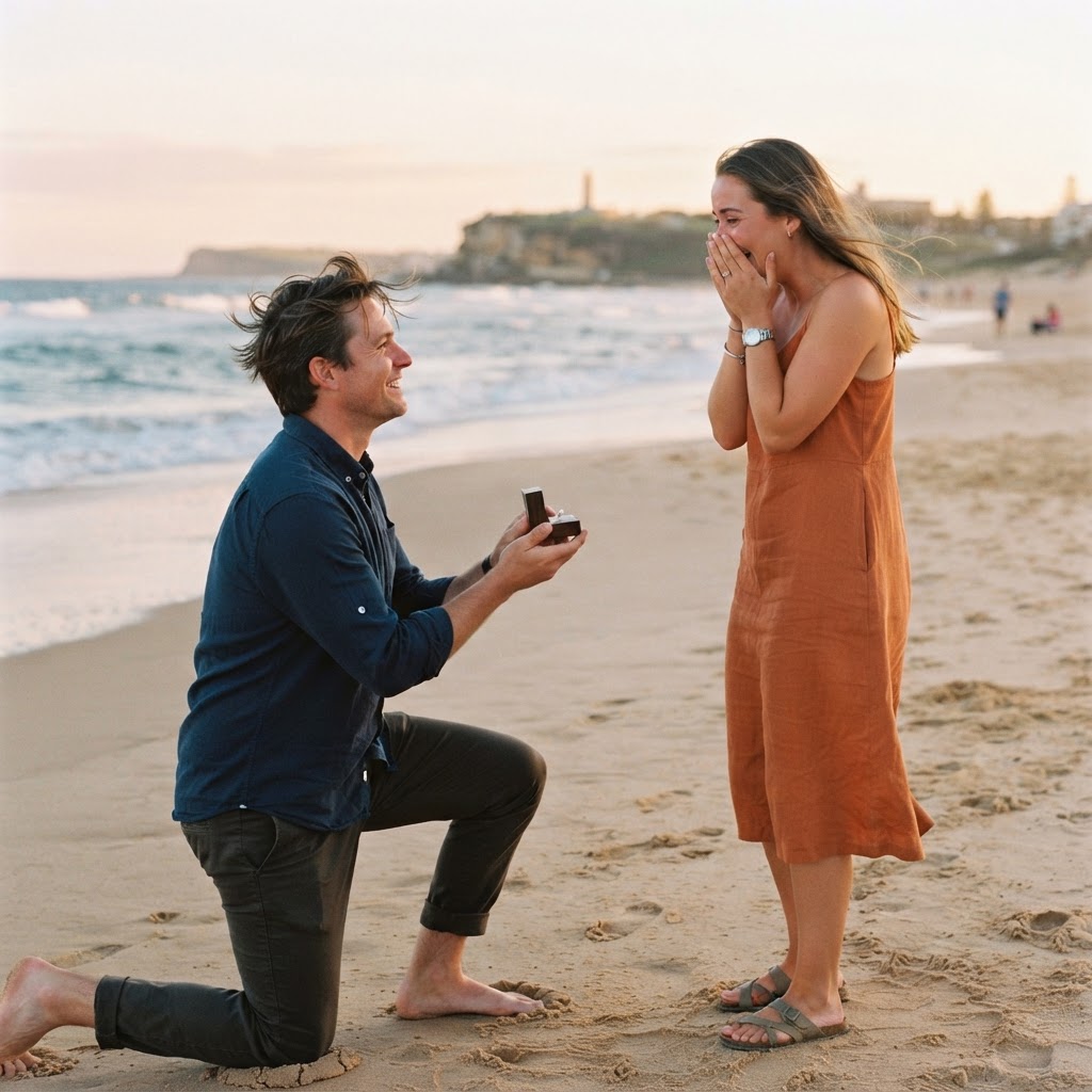 A man on one knee proposing to his partner at golden hour — engagement photography by John Adams Photography