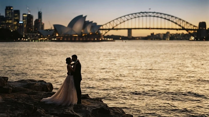 Sydney Harbour at dusk from a wedding perspective — the Opera House sails and Harbour Bridge softly in the background, warm golden light on the water, fine art wedding photography
