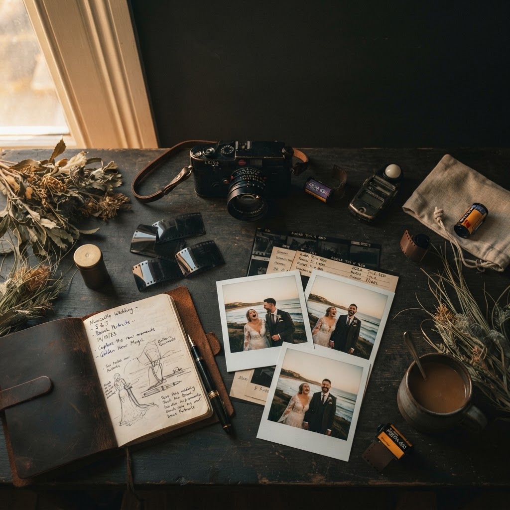A wedding photographer's journal desk — camera, film negatives, polaroid prints and handwritten notes in warm golden light