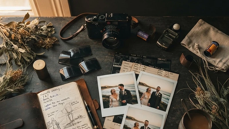 A wedding photographer's desk with camera gear, film negatives, contracts and a notebook — the business behind wedding photography pricing