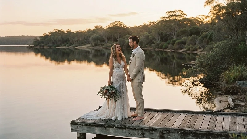 A waterfront wedding ceremony on Lake Macquarie at golden hour, calm lake water and warm light reflecting off the surface