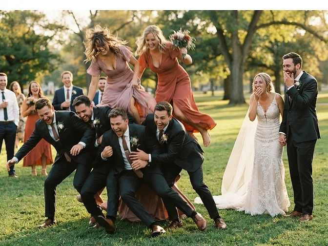 Bridal party attempting a wobbly human pyramid about to collapse while the couple stands aside looking concerned