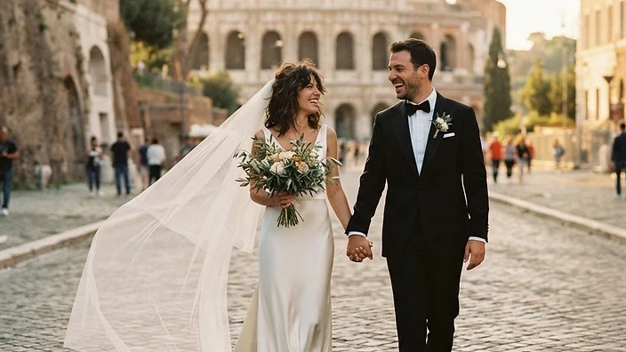 Giulia and Marco on ancient cobblestones near the Colosseum in Rome at golden hour, Giulia in a silk crepe gown with a cathedral veil catching the breeze, Marco in a black tuxedo