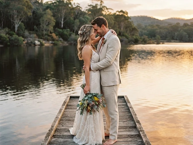 A couple embracing at a Lake Macquarie waterfront ceremony at golden hour, calm lake water reflecting the warm light behind them