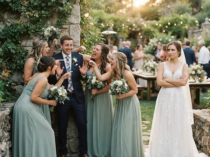 Groom backed into a corner while bridesmaids dramatically surround him pointing fingers, bride standing aside looking unimpressed