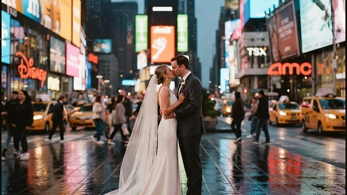 Maya and James sharing a quiet first kiss in Times Square, New York City at dusk, towering LED billboards dissolving into soft neon bokeh behind them, rain-slicked pavement reflecting amber, cyan and magenta light — a New York destination wedding portrait