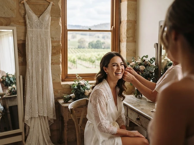 A bride getting ready in a Hunter Valley vineyard accommodation — soft natural window light, wedding dress hanging, intimate behind-the-scenes moment