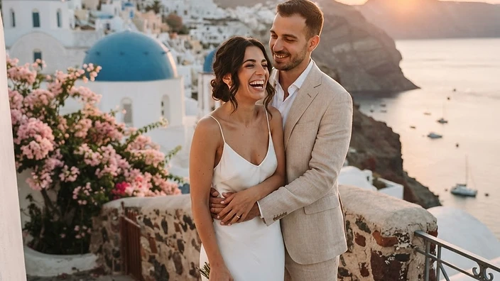 Elena and Nikos on a whitewashed terrace in Oia, Santorini, at golden sunset, with blue Cycladic domes, the caldera and the Aegean Sea far below, bougainvillea in soft pink