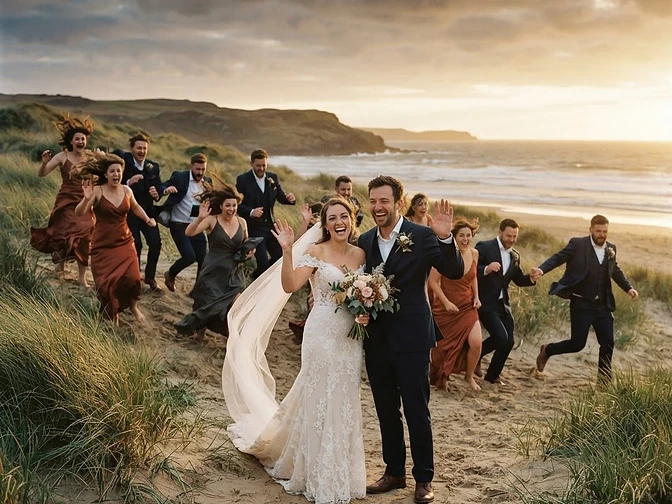 Couple standing happily in the centre while the entire bridal party runs away from them in exaggerated terror