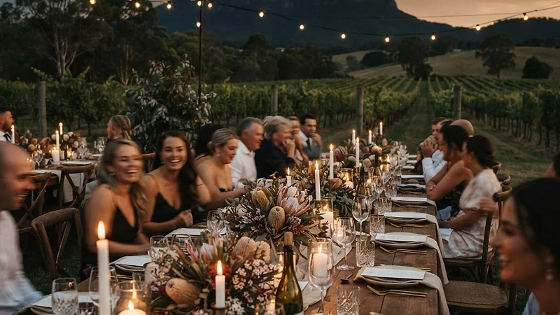 A Hunter Valley vineyard wedding reception at dusk — long banquet table with native florals and candles set among vineyard rows, the Brokenback Range silhouetted in the background