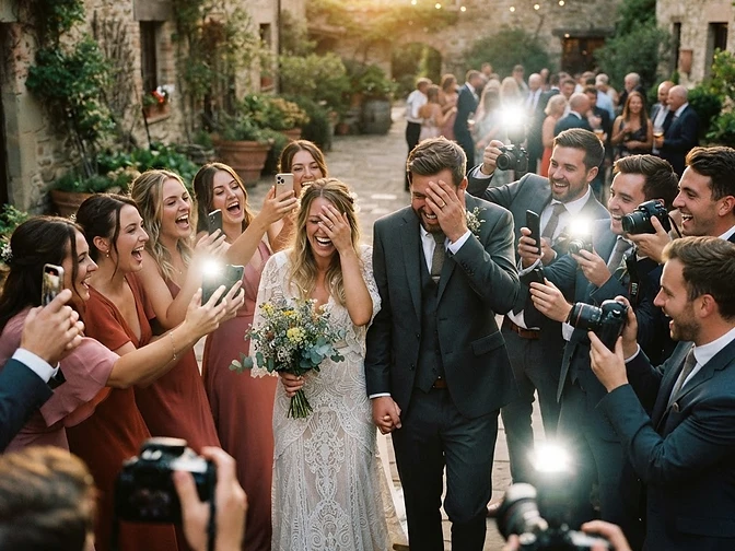 Couple walking through the bridal party who pretend to be aggressive paparazzi with phones and cameras flashing