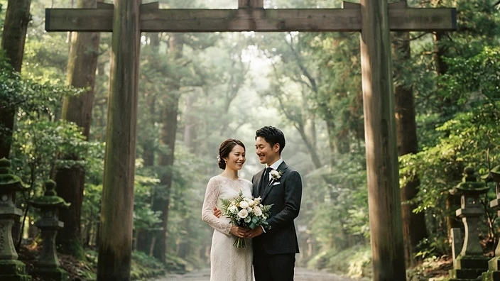 Yuki and Haruto beneath the towering wooden torii gate of Meiji Jingu shrine in Tokyo, Japan, in the sacred cedar forest, with soft dappled light, moss-covered stone lanterns and morning mist