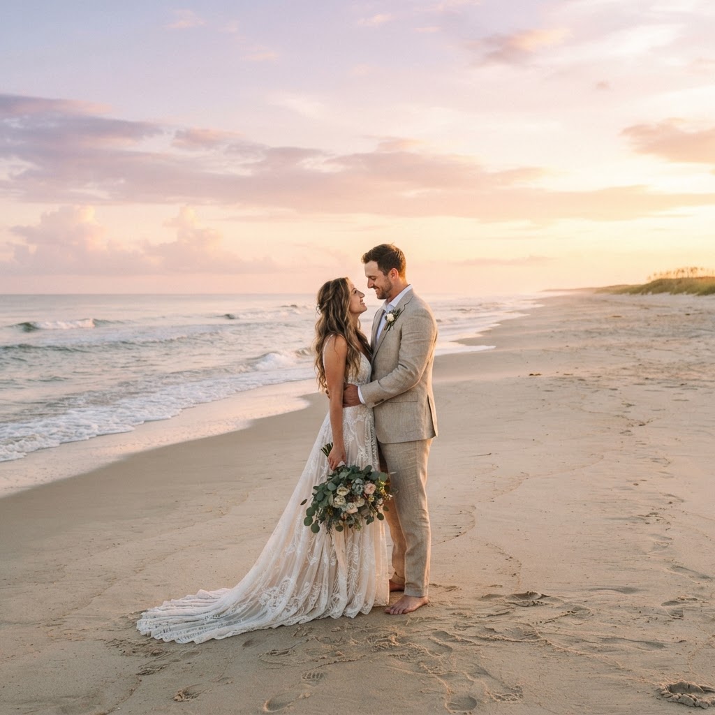 A couple sharing a quiet sunrise beach elopement on the Newcastle sand — small wedding photographer