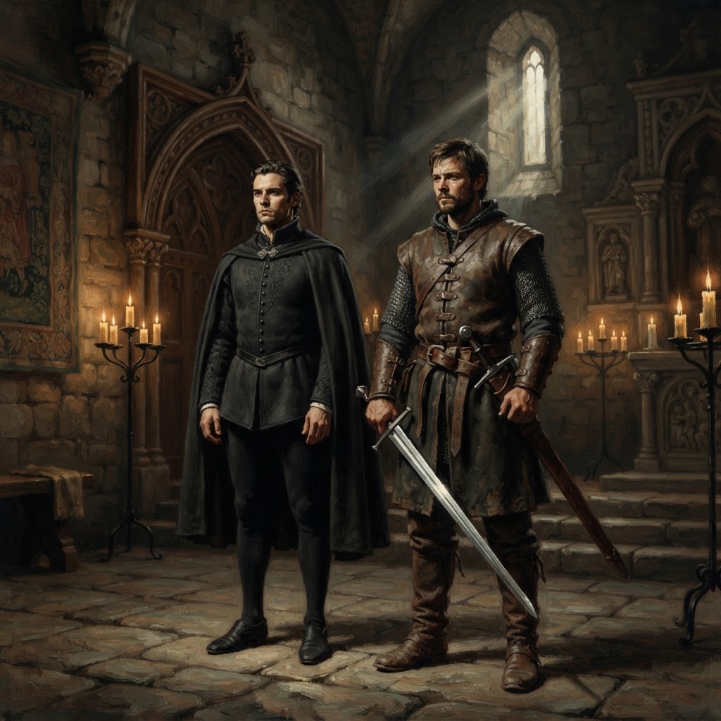 The best man stands armed at the groom's side, sword drawn, in a candlelit medieval hall — a bodyguard before he was an honour attendant.