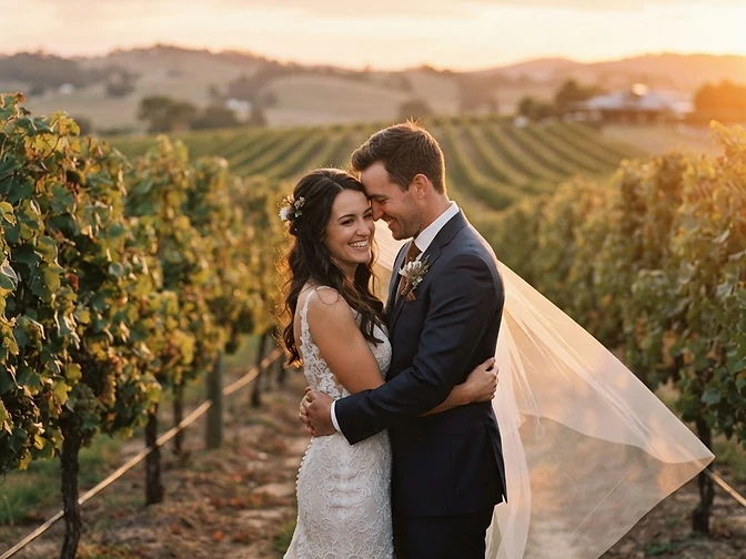 Bride and groom embracing between Hunter Valley vineyard rows at sunset, warm golden hour rim lighting catching the veil