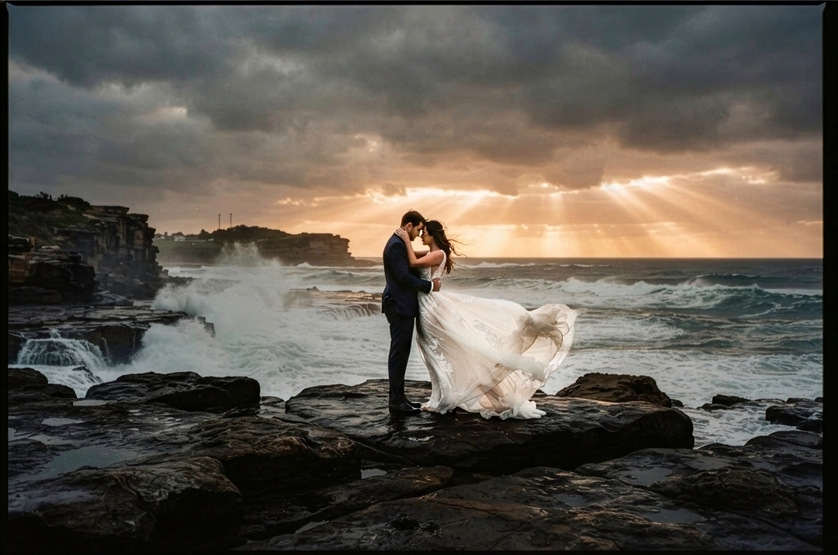 A Newcastle wedding couple embracing on rugged coastal rocks at golden hour, the bride's lace dress caught in the wind with crashing waves and dramatic storm clouds along the NSW coastline