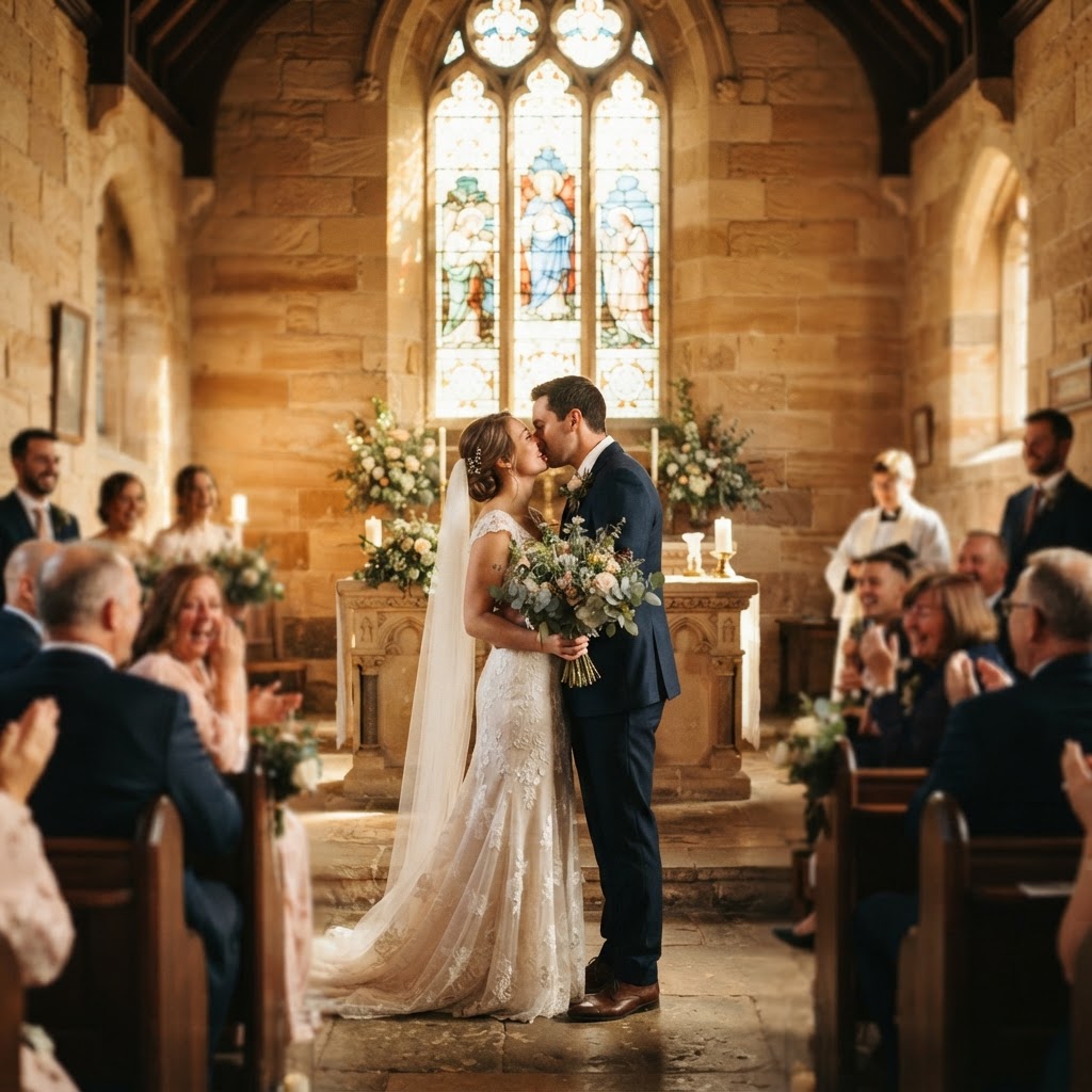 A Newcastle wedding photographer couple sharing their first kiss at the altar — packages and pricing hero