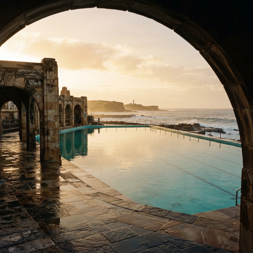 A Newcastle beach wedding ceremony by the ocean baths at golden hour