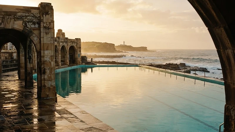 Newcastle Ocean Baths at golden hour — heritage art-deco sandstone arches framing a turquoise ocean pool, a moody coastal wedding ceremony location in Newcastle, NSW