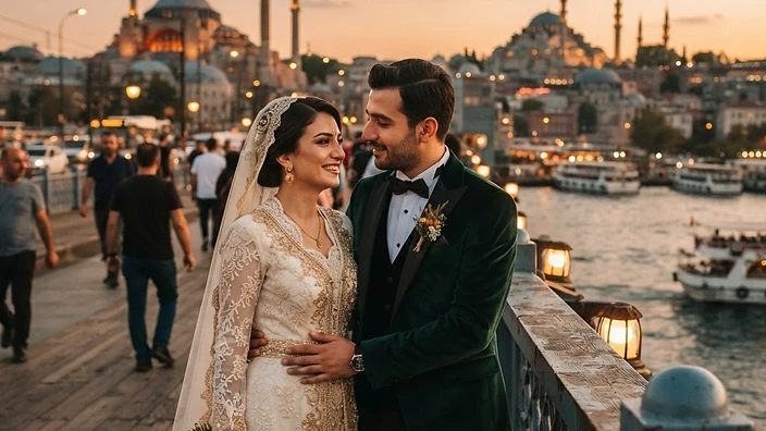 Defne and Emir before the Hagia Sophia and Blue Mosque skyline in Istanbul at golden hour, viewed from the Galata Bridge, with the Bosphorus shimmering and Ottoman domes silhouetted