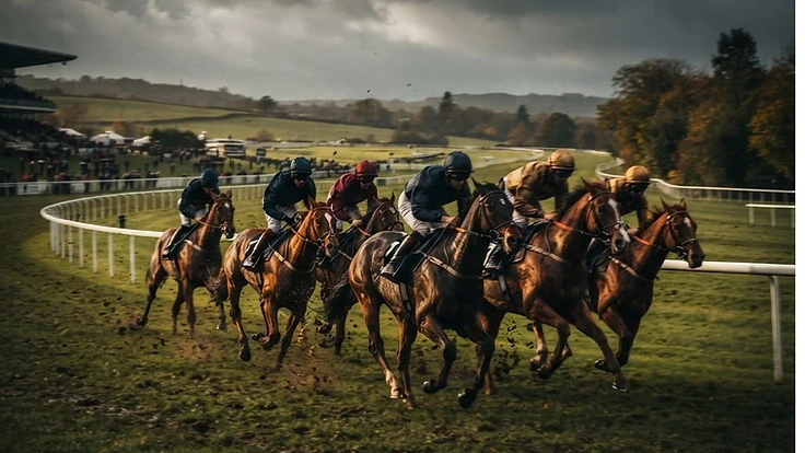Racehorses galloping around the turn of a UK racecourse
