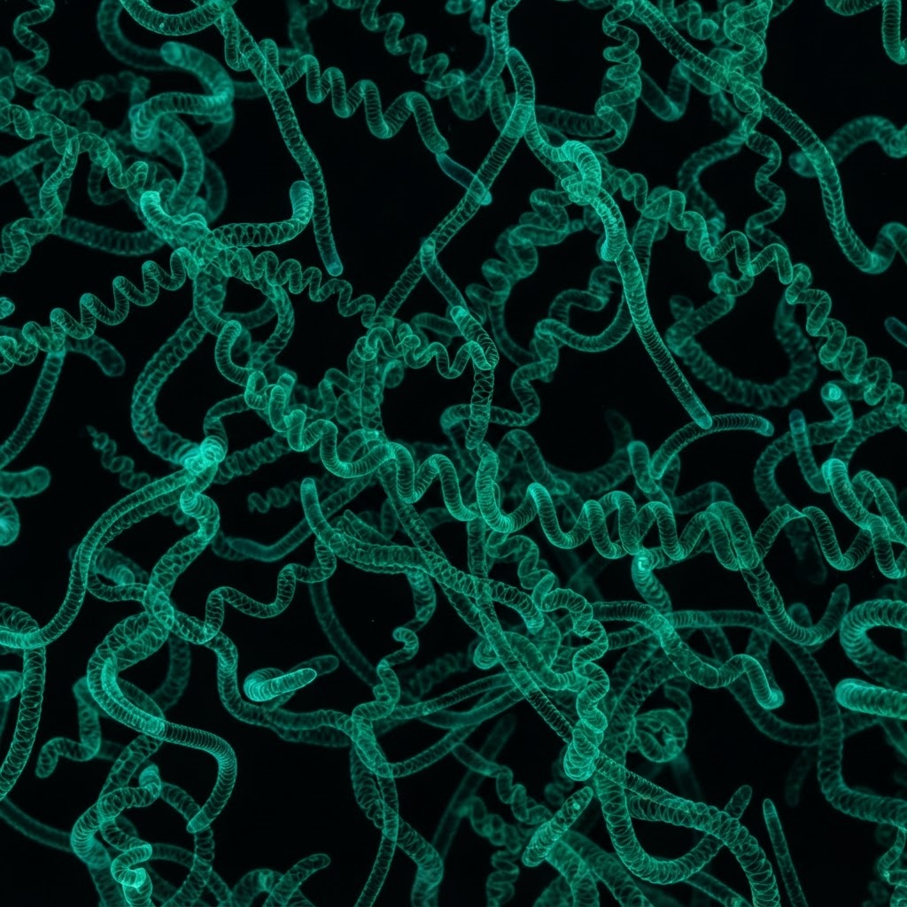 Microscopic view of Spirulina microalgae showing beautiful spiraling helix filaments in deep green and teal