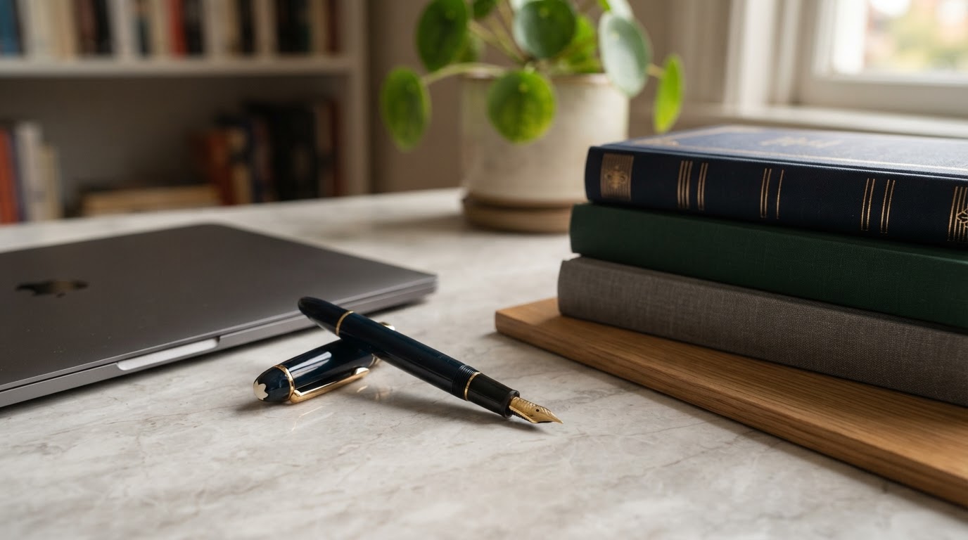 Portuguese language learning materials on an elegant desk