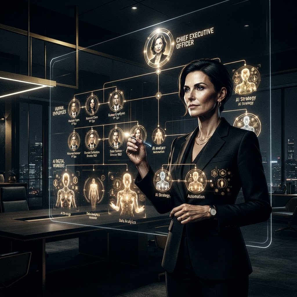 A CEO reviewing an organizational chart of human and AI digital employees
