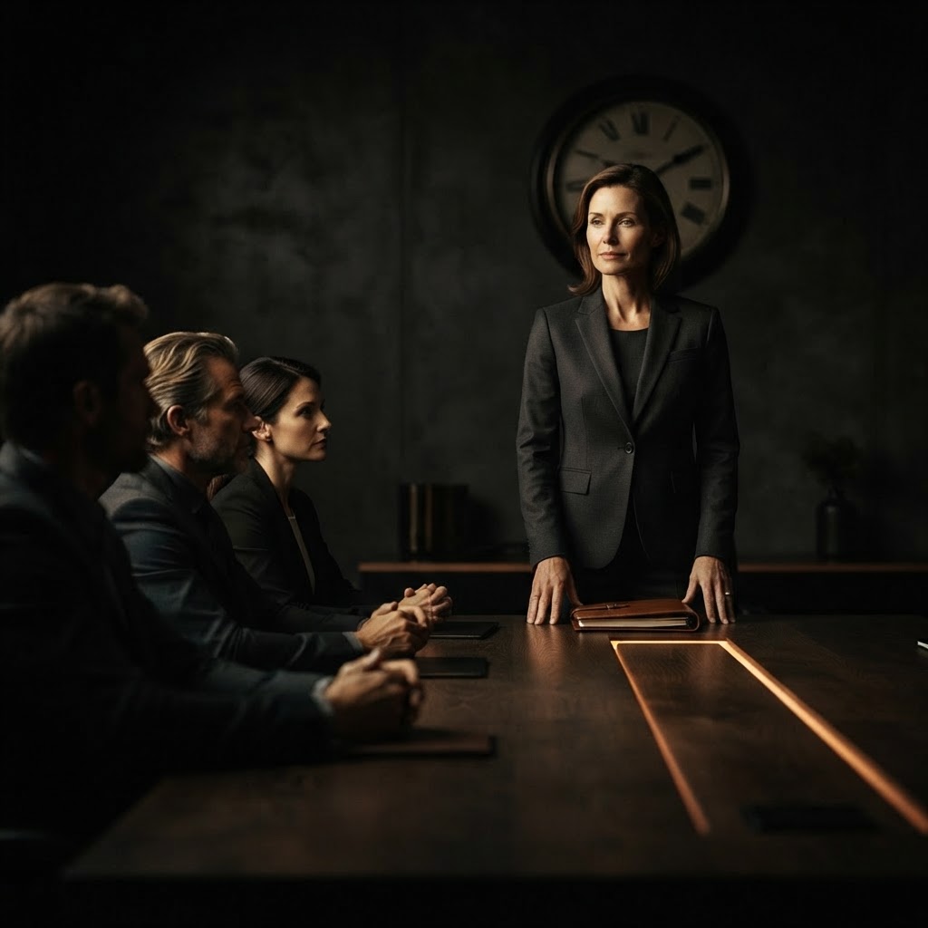 A composed executive leading a structured leadership team meeting in a dark boardroom