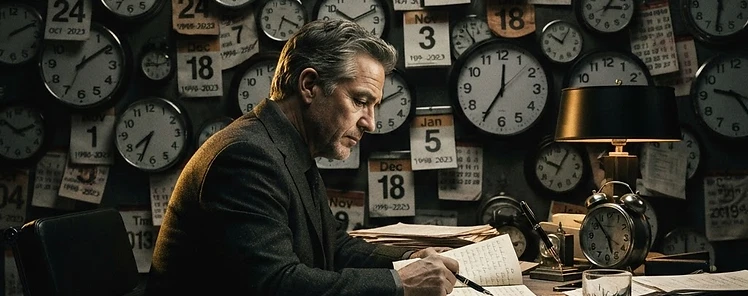 A CEO's desk overwhelmed by a chaotic wall of clocks and calendars