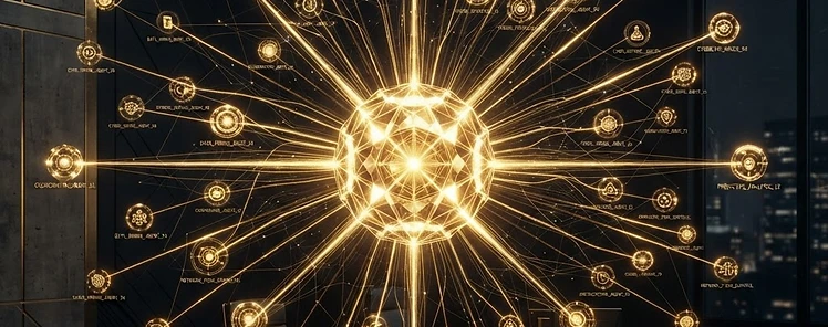 A golden orchestrator AI node coordinating a network of specialized digital agents