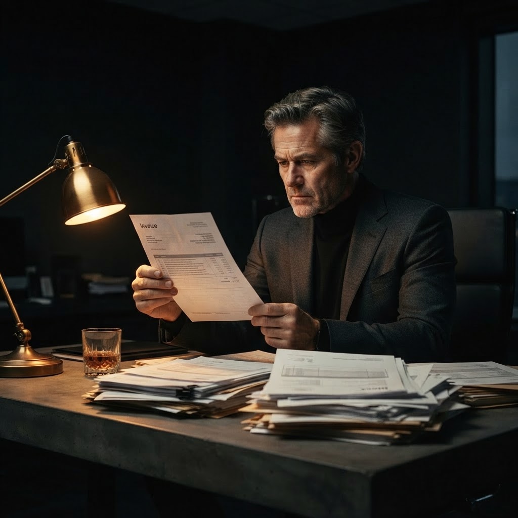 An executive scrutinizing the fine print on invoices and contracts under a golden desk lamp
