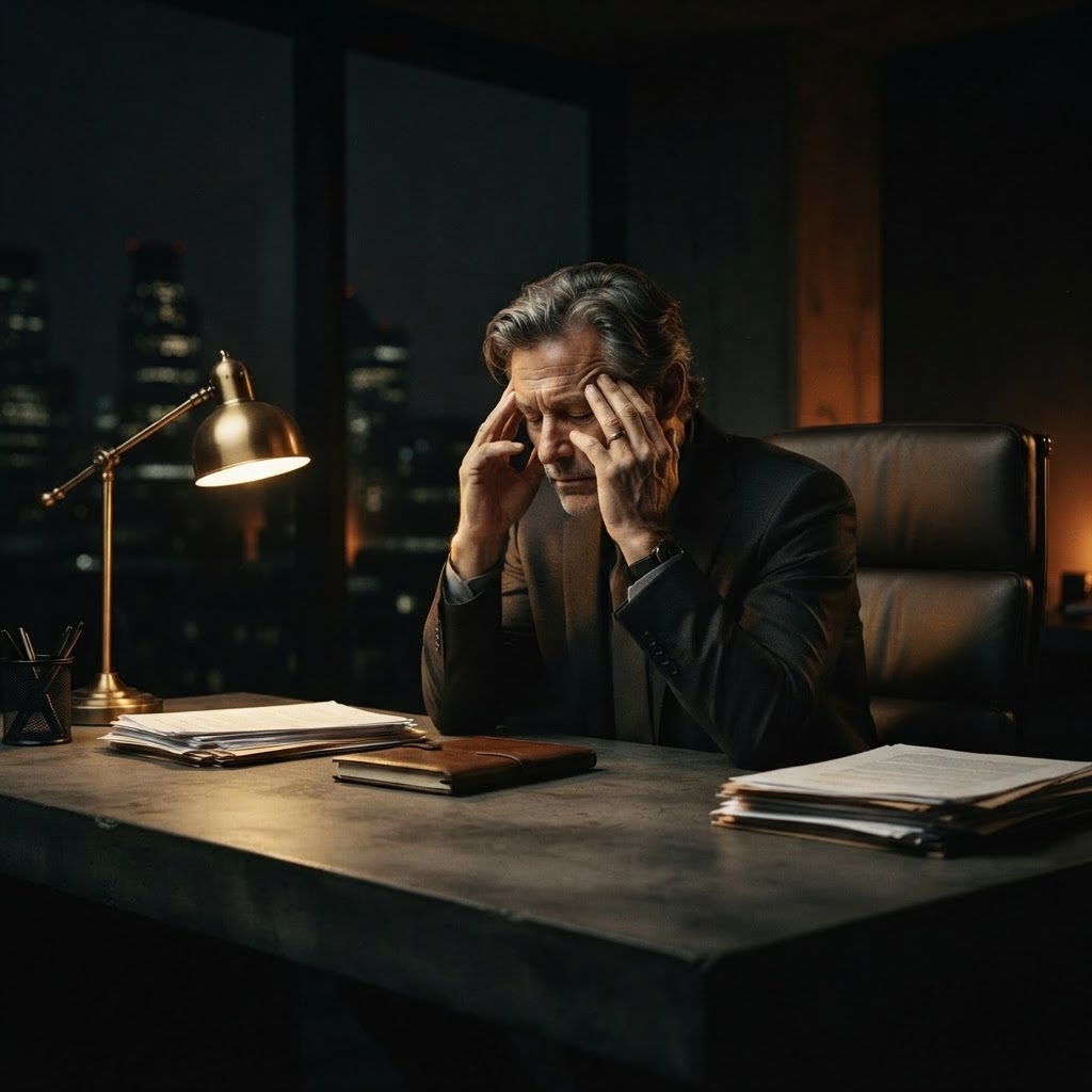 A weary executive alone in a dark office late at night, fingers pressed to his temple under golden lamplight