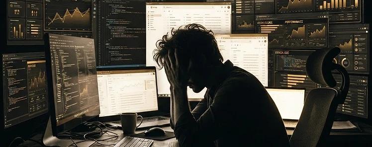 A frustrated professional surrounded by overlapping glowing software dashboards
