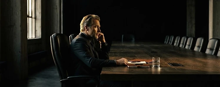 A CEO sitting alone at the head of an empty boardroom table
