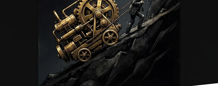 A lone CEO dragging a massive golden engine up a mountain while executives watch