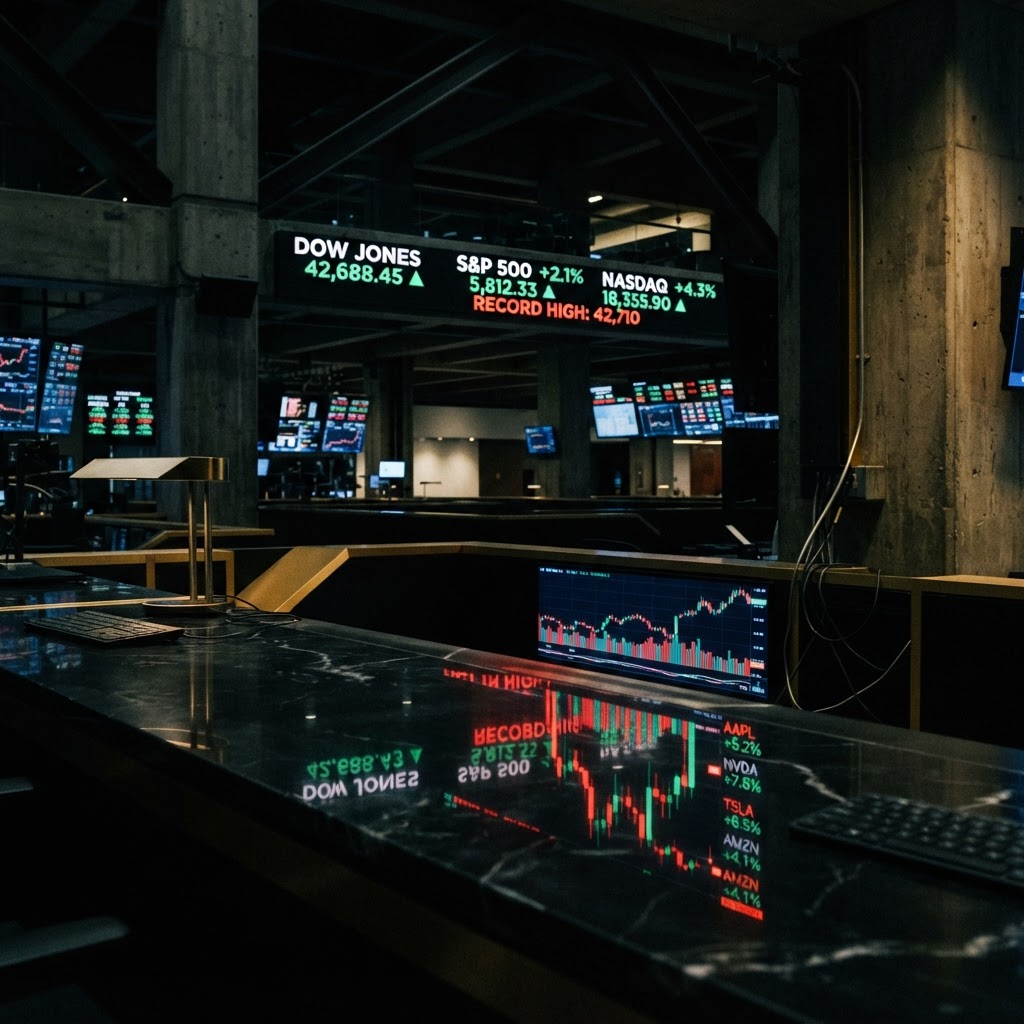 A Wall Street trading ticker showing record-high stock market gains
