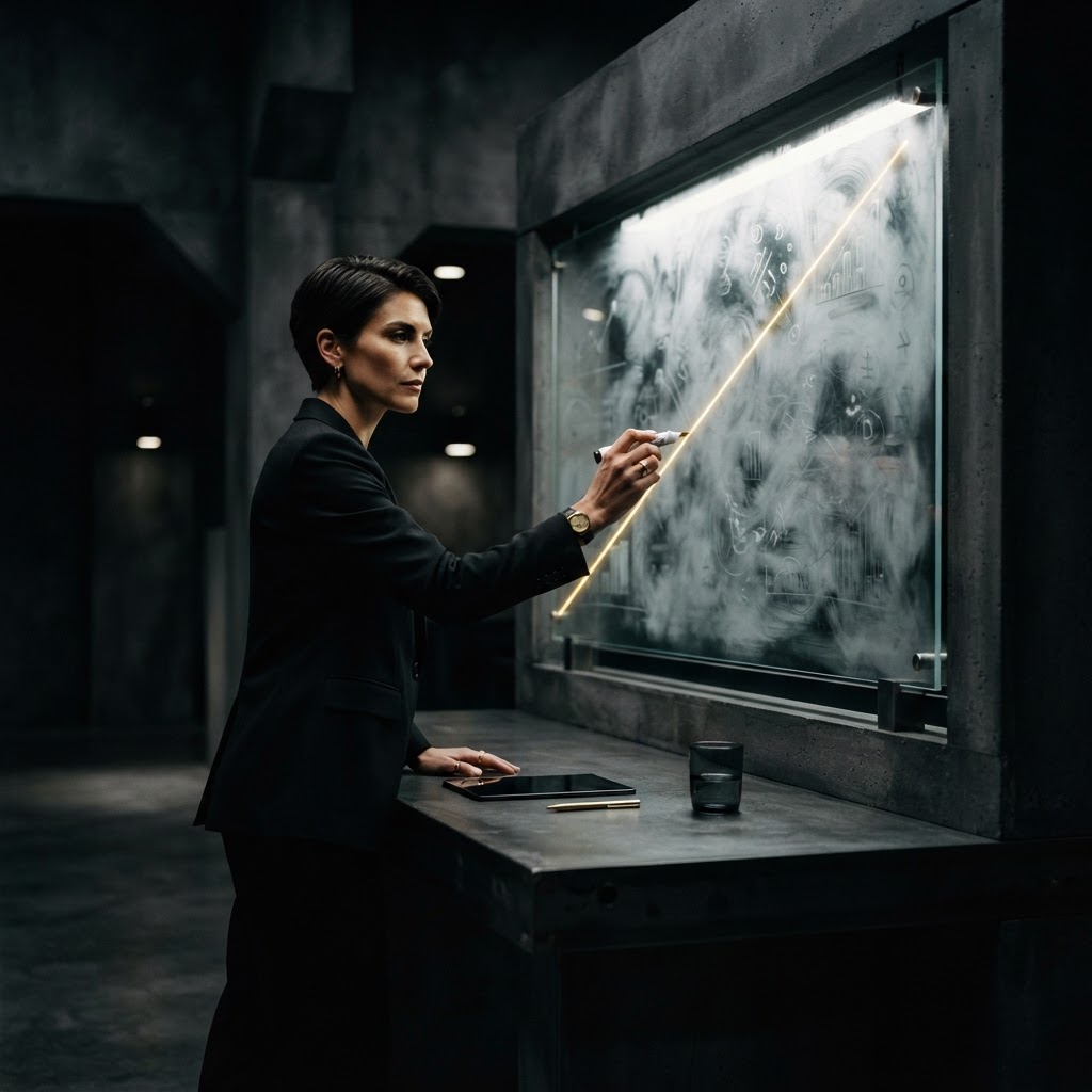 An executive drawing a precise golden line through fog on a strategy board