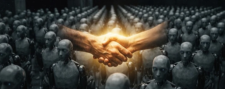 A single human handshake of golden light standing out against a sea of gray AI-generated robotic figures