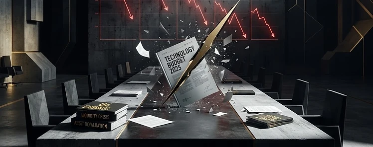 A dark boardroom with frozen tech budgets and slashed financial reports