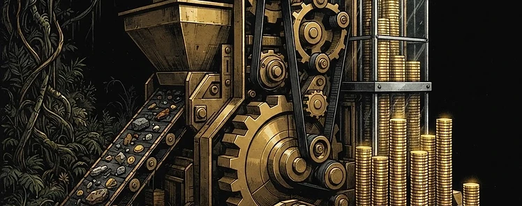 A golden mechanical machine systematically processing and stacking gold coins