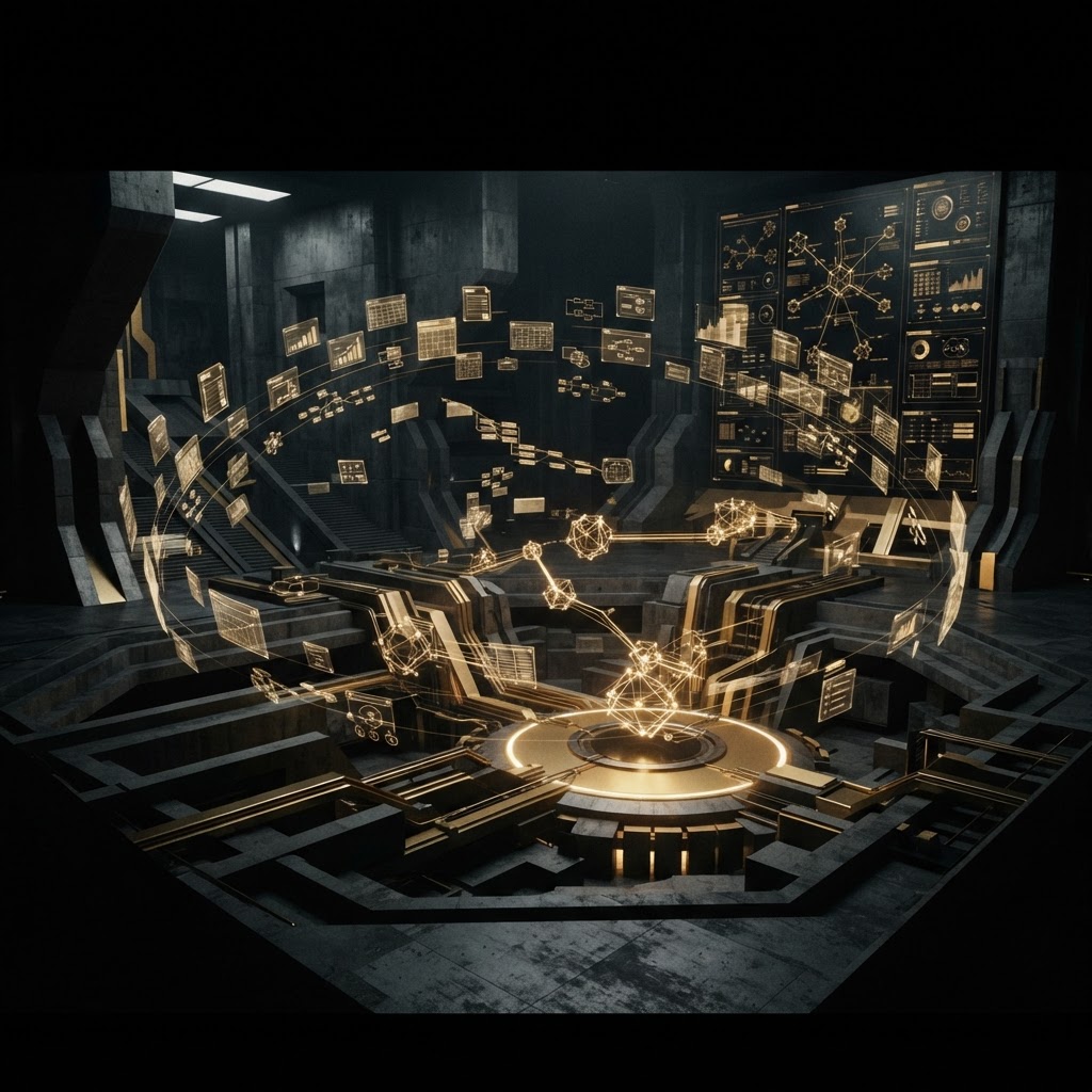 Autonomous AI agents executing enterprise workflows in a dark command center