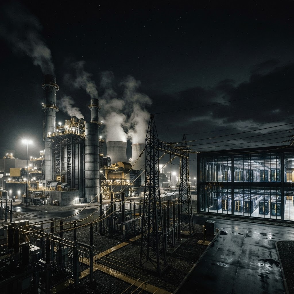 An industrial natural gas power plant at night beside a glowing AI data center with high-voltage transmission lines