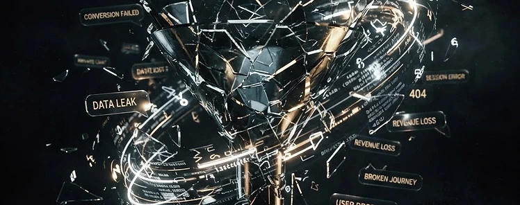 A shattered glass sales funnel surrounded by glowing data streams