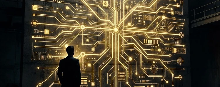 A CEO silhouette standing before a wall of glowing golden decision pathways