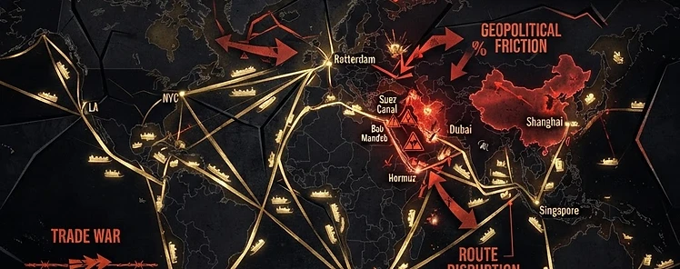 A world map with maritime shipping routes glowing in gold and red chokepoints at contested straits