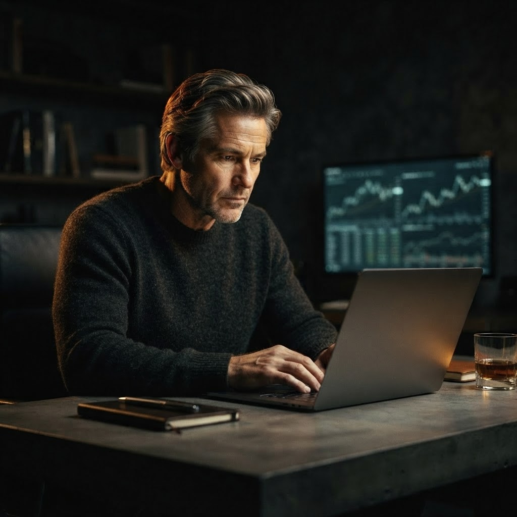 An executive independently researching vendors on a glowing laptop late at night