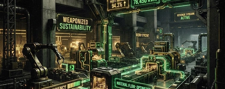 A factory floor optimized for sustainability-driven profit with energy efficiency and waste reduction indicators