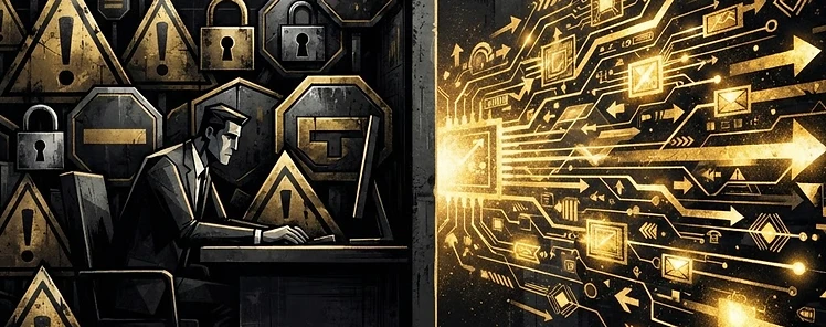 A CFO frozen in paralysis behind risk-warning signs while golden AI deployment nodes accelerate