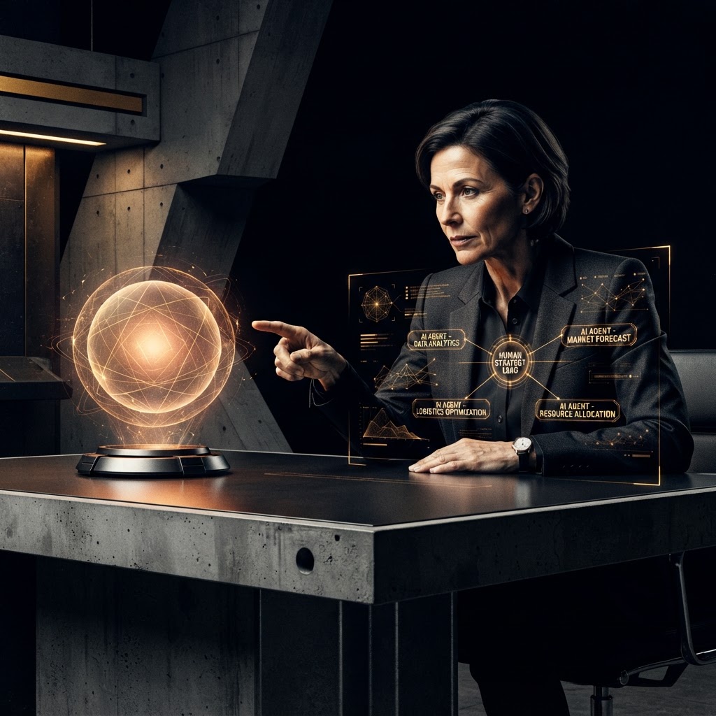 A CEO and a glowing AI orb collaborating as equal partners over a holographic org chart